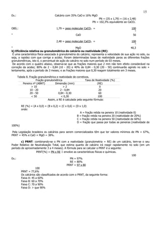 Ex.: Calcário com 35% CaO e 16% MgO
PN = (35 x 1,79) + (16 x 2,48)
PN = 102,3% equivalente ao CaCO3
OBS.: 1,79 = peso molecular CaCO3 = 100
"
" CaO 56
2,48 = peso molecular CaCO3 = 100
"
" MgO 40,3
b) Eficiência relativa ou granulométrica do calcário ou reatividade (RE):
É uma característica física associada à granulometria do calcário; representa a velocidade de sua ação no solo, ou
seja, a rapidez com que corrige a acidez. Foram determinadas taxas de reatividade paras as diferentes frações
granulométricas, isto é, o percentual de ação do calcário no solo num período de 03 meses.
De acordo com o quadro abaixo, observa-se que as frações maiores que 2 mm não tem efeito considerável na
correção da acidez; 80% de 2 - 0,84 (10 - 20) e 40% de 0,84 - 0,30 (20 - 50) continuarão agindo no solo +
lentamente, após o período de 3 meses; e as frações maiores que 0,30 reagem totalmente em 3 meses.
Tabela 8. Fração granulométrica e reatividade de corretivos.
Fração granulométrica Taxa de Reatividade (%)
Peneira nº (ABNT) Dimensão (mm) (RE)
> 10
10 - 20
20 - 50
< 50
> 2
2 - 0,84
0,84 - 0,30
< 0,30
0
20
60
100
Assim, a RE é calculada pela seguinte fórmula:
RE (%) = (A x 0,0) + (B x 0,2) + (C x 0,6) + (D x 1,0)
onde:
A = fração retida na peneira 10 (reatividade 0)
B = fração retida na peneira 20 (reatividade de 20%)
C = fração retida na peneira 50 (reatividade de 60%)
D = fração que passa por todas as peneiras (reatividade de
100%)
Pela Legislação brasileira os calcários para serem comercializados têm que ter valores mínimos de PN = 67%,
PRNT = 45% e CaO + MgO = 38%.
c) PRNT: combinando-se o PN com a reatividade (granulometria = RE) de um calcário, tem-se o seu
Poder Relativo de Neutralização Total, que estima quanto de calcário irá reagir rapidamente no solo (em um
período de aproximadamente 3 a 4 meses). A fórmula para se calcular o PRNT é a seguinte:
PRNT(%) = PN x RE 1 envolve as características físicas e químicas.
100
Ex.: PN = 97%
RE = 80%
PRNT = 97 x 80
100
PRNT = 77,6%
Os calcários são classificados de acordo com o PRNT, da seguinte forma:
Faixa A: 45 a 60%
Faixa B: 60 a 70%
Faixa C: 70 a 90%
Faixa D: > que 90%
15
 