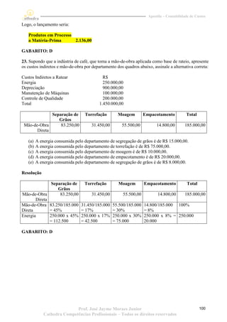 Apostila – Contabilidade de Custos

Logo, o lançamento seria:

   Produtos em Processo
   a Matéria-Prima      2.136,00

GABARITO: D

23. Supondo que a indústria de café, que toma a mão-de-obra aplicada como base de rateio, apresente
os custos indiretos e mão-de-obra por departamento dos quadros abaixo, assinale a alternativa correta:

Custos Indiretos a Ratear                   R$
Energia                                     250.000,00
Depreciação                                 900.000,00
Manutenção de Máquinas                      100.000,00
Controle de Qualidade                       200.000,00
Total                                     1.450.000,00

              Separação de        Torrefação        Moagem         Empacotamento           Total
                 Grãos
 Mão-de-Obra      83.250,00           31.450,00       55.500,00           14.800,00       185.000,00
       Direta

   (a)   A energia consumida pelo departamento de segregação de grãos é de R$ 15.000,00.
   (b)   A energia consumida pelo departamento de torrefação é de R$ 75.000,00.
   (c)   A energia consumida pelo departamento de moagem é de R$ 10.000,00.
   (d)   A energia consumida pelo departamento de empacotamento é de R$ 20.000,00.
   (e)   A energia consumida pelo departamento de segregação de grãos é de R$ 8.000,00.

Resolução

               Separação de       Torrefação        Moagem         Empacotamento           Total
                  Grãos
Mão-de-Obra        83.250,00          31.450,00        55.500,00          14.800,00       185.000,00
       Direta
Mão-de-Obra 83.250/185.000      31.450/185.000    55.500/185.000   14.800/185.000 100%
Direta        = 45%             = 17%             = 30%            = 8%
Energia       250.000 x 45%     250.000 x 17%     250.000 x 30%    250.000 x 8% = 250.000
              = 112.500         = 42.500          = 75.000         20.000

GABARITO: D




                            Prof. José Jayme Moraes Junior                                         100
             Cathedra Competências Profissionais – Todos os direitos reservados
 