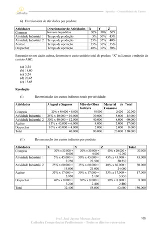 Apostila – Contabilidade de Custos


   6) Direcionador de atividades por produto:

Atividades                 Direcionador de Atividades        X       Y         Z
Compras                    Número de pedidos                   30%      20%      50%
Atividade Industrial 1     Tempo de produção                   5%       50%     45%
Atividade Industrial 2     Tempo de produção                  25%       35%     40%
Acabar                     Tempo de operação                  35%       30%     35%
Despachar                  Tempo de operação                  40%       30%     30%

Baseando-se nos dados acima, determine o custo unitário total do produto “X” utilizando o método de
custeio ABC:

   (a)    3,24
   (b)    14,00
   (c)    5,24
   (d)    20,65
   (e)    15,65

Resolução

   (I)            Determinação dos custos indiretos totais por atividade:

Atividades                 Aluguel e Seguros           Mão-de-Obra           Material de Total
                                                       Indireta              Consumo
Compras                        20% x 40.000 = 8.000              10.000                2.000    20.000
Atividade Industrial 1     25% x 40.000 = 10.000                 30.000              5.000 45.000
Atividade Industrial 2     30% x 40.000 = 12.000                 40.000              8.000 60.000
Acabar                      15% x 40.000 = 6.000                  8.000              3.000 17.000
Despachar                   10% x 40.000 = 4.000                  2.000              2.000   8.000
Total                                     40.000                 90.000             20.000 150.000

   (II)           Determinação dos custos indiretos por produto:

Atividades                 X                      Y                      Z                      Total
Compras                          30% x 20.000 =        20% x 20.000 =          50% x 20.000 =            20.000
                                          6.000                 4.000                  10.000
Atividade Industrial 1          5% x 45.000 =         50% x 45.000 =          45% x 45.000 =             45.000
                                        2.250                 22.500                  20.250
Atividade Industrial 2         25% x 60.000 =         35% x 60.000 =          40% x 60.000 =             60.000
                                       15.000                 21.000                  24.000
Acabar                         35% x 17.000 =         30% x 17.000 =          35% x 17.000 =             17.000
                                        5.950                  5.100                   5.950
Despachar                       40% x 8.000 =          30% x 8.000 =           30% x 8.000 =              8.000
                                        3.200                  2.400                   2.400
Total                                  32.400                 55.000                  62.600          150.000




                            Prof. José Jayme Moraes Junior                                                 105
             Cathedra Competências Profissionais – Todos os direitos reservados
 