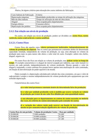 Apostila – Contabilidade de Custos

       Abaixo, há alguns critérios para alocação dos custos indiretos de fabricação:

  Custo Indireto de Fabricação     Critério
  Depreciação máquinas             Quantidades produzidas ou tempo de utilização das máquinas
  Mão-de-obra indireta             Tempo de utilização da mão-de-obra direta
  Aluguel                          Área ocupada pelos departamentos
  Energia elétrica                 Consumo efetivo
  Depreciação dos prédios          Área ocupada pelos departamentos

2.1.2. Em relação aos níveis de produção
       Os custos, em relação aos níveis de produção, podem ser divididos em custos fixos, custos
variáveis, custos semivariáveis e custos semifixos.

2.1.2.1. Custos Fixos
       Custos fixos são aqueles cujos valores permanecem inalterados, independentemente do
volume de produção da empresa. São os custos que permanecem constantes dentro de determinada
capacidade instalada, independente do volume de produção, ou seja, uma alteração no volume de
produção para mais ou para menos não altera o valor total do custo. Exemplo: salário dos chefes,
aluguel, seguros etc.

       Os custos fixos são fixos em relação ao volume de produção, mas podem variar ao longo do
tempo. O exemplo característico é o aluguel de imóvel ocupado por indústria, cujo valor mensal é o
mesmo em cada período, independentemente do volume produzido. Mesmo quando o valor do
aluguel é reajustado, o custo continua fixo porque houve apenas uma atualização do valor contratado,
em função da desvalorização do poder aquisitivo da moeda.

       Outro exemplo é a depreciação calculada pelo método das cotas constantes, em que o valor de
cada período é sempre o mesmo independentemente do volume produzido pelo equipamento que esta
sofrendo depreciação.

       Características dos custos fixos:

              a) o valor total permanece constante dentro de determinada faixa da produção;

              b) o valor por unidade produzida varia à medida que ocorre variação no volume
              de produção, por tratar de um valor fixo diluídos por uma quantidade maior;

              c) sua alocação para os departamentos ou centros de custos necessita na maioria
              das vezes, de critérios de rateios determinados pelo contador de custos;

              d) a variação dos valores totais pode ocorrer em função de desvalorização da
              moeda ou por aumento/redução significativa do volume de produção.

Custos fixos de um período Volume de produção Custos fixos por unidade
$ 20.000,00                5.000 unidades            $ 4,00
$ 20.000,00                10.000 unidades           $ 2,00
$ 20.000,00                20.000 unidades           $ 1,00




                          Prof. José Jayme Moraes Junior                                            15
           Cathedra Competências Profissionais – Todos os direitos reservados
 