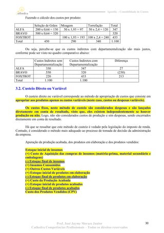 Apostila – Contabilidade de Custos

       Fazendo o cálculo dos custos por produto:

             Seleção de Grãos Moagem            Torrefação      Total
ALFA          200 x 0,64 = 130  50 x 1,93 = 97   50 x 2,4 = 120 347
BRAVO         500 x 0,64 = 320                                   320
FOXTROT                        100 x 1,93 = 193 100 x 2,4 = 240 433
Total               450              290              340       1.100

      Ou seja, percebe-se que os custos indiretos com departamentalização são mais justos,
conforme pode ser visto no quadro comparativo abaixo:

             Custos Indiretos sem      Custos Indiretos com             Diferença
             Departamentalização       Departamentalização
ALFA                 330                       347                          27
BRAVO                550                       320                        (230)
FOXTROT              220                       433                         213
Total               1.100                     1.100

3.2. Custeio Direto ou Variável
      O custeio direto ou variável corresponde ao método de apropriação de custos que consiste em
apropriar aos produtos apenas os custos variáveis (neste caso, custos ou despesas variáveis).

       Os custos fixos, neste método de custeio são considerados despesas e são lançados
diretamente em conta de resultado, visto que, eles existem independentemente se houver
produção ou não. Logo, não são considerados custos de produção e sim despesas, sendo encerrados
diretamente em conta de resultado.

      Há que se ressaltar que este método de custeio é vedado pela legislação do imposto de renda.
Contudo, é considerado o método mais adequado ao processo de tomada de decisão da administração
da empresa.

       Apuração da produção acabada, dos produtos em elaboração e dos produtos vendidos:

       Estoque inicial de insumos
       (+) Custo de Aquisição das compras de insumos (matéria-prima, material secundário e
       embalagens)
       (-) Estoque final de insumos
       (=) Insumos Consumidos
       (+) Outros Custos Variáveis
       (+) Estoque inicial de produtos em elaboração
       (-) Estoque final de produtos em elaboração
       (=) Custo da Produção Acabada
       (+) Estoque inicial de produtos acabados
       (-) Estoque final de produtos acabados
       Custo dos Produtos Vendidos (CPV)




                          Prof. José Jayme Moraes Junior                                         30
           Cathedra Competências Profissionais – Todos os direitos reservados
 