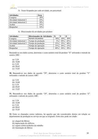 Apostila – Contabilidade de Custos

            5) Áreas Ocupadas por cada atividade, em percentual:

Atividades                           Área
Compras                                20%
Atividade Industrial 1                 25%
Atividade Industrial 2                 30%
Acabar                                 15%
Despachar                              10%

            6) Direcionador de atividades por produto:

Atividades                Direcionador de Atividades     X     Y     Z
Compras                   Número de pedidos              30%   20%     50%
Atividade Industrial 1    Tempo de produção               5%   50%    45%
Atividade Industrial 2    Tempo de produção              25%   35%    40%
Acabar                    Tempo de operação              35%   30%    35%
Despachar                 Tempo de operação              40%   30%    30%

Baseando-se nos dados acima, determine o custo unitário total do produto “X” utilizando o método de
custeio ABC:

   (a)   3,24
   (b)   14,00
   (c)   5,24
   (d)   20,65
   (e)   15,65

30. Baseando-se nos dados da questão “29”, determine o custo unitário total do produto “Y”
utilizando o método de custeio ABC:

   (a)   3,24
   (b)   14,00
   (c)   5,24
   (d)   20,65
   (e)   15,65

31. Baseando-se nos dados da questão “29”, determine o custo unitário total do produto “Z”
utilizando o método de custeio ABC:

   (a)   3,24
   (b)   14,00
   (c)   5,24
   (d)   20,65
   (e)   15,65

32. Entre os chamados custos indiretos, há aqueles que são considerados diretos em relação ao
departamento de produção ou serviço em que se originam. Entre eles, pode ser citado:

   (a)   aluguel da fábrica
   (b)   depreciação de edifícios
   (c)   seguro contra acidentes de trabalho
   (d)   iluminação da fábrica

                            Prof. José Jayme Moraes Junior                                        52
             Cathedra Competências Profissionais – Todos os direitos reservados
 