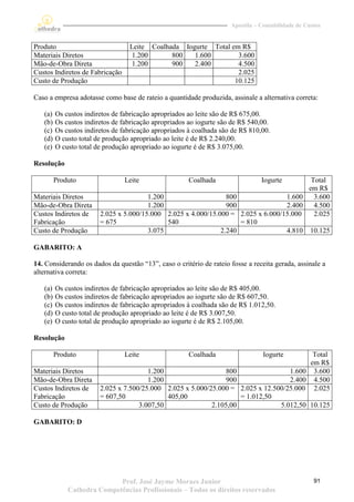 Apostila – Contabilidade de Custos


Produto                           Leite Coalhada Iogurte Total em R$
Materiais Diretos                  1.200      800   1.600        3.600
Mão-de-Obra Direta                 1.200      900   2.400        4.500
Custos Indiretos de Fabricação                                   2.025
Custo de Produção                                               10.125

Caso a empresa adotasse como base de rateio a quantidade produzida, assinale a alternativa correta:

   (a)   Os custos indiretos de fabricação apropriados ao leite são de R$ 675,00.
   (b)   Os custos indiretos de fabricação apropriados ao iogurte são de R$ 540,00.
   (c)   Os custos indiretos de fabricação apropriados à coalhada são de R$ 810,00.
   (d)   O custo total de produção apropriado ao leite é de R$ 2.240,00.
   (e)   O custo total de produção apropriado ao iogurte é de R$ 3.075,00.

Resolução

         Produto                 Leite                 Coalhada                 Iogurte        Total
                                                                                              em R$
Materiais Diretos                       1.200                    800                    1.600   3.600
Mão-de-Obra Direta                      1.200                    900                    2.400   4.500
Custos Indiretos de     2.025 x 5.000/15.000 2.025 x 4.000/15.000 =      2.025 x 6.000/15.000   2.025
Fabricação              = 675                 540                        = 810
Custo de Produção                       3.075                  2.240                    4.810 10.125

GABARITO: A

14. Considerando os dados da questão “13”, caso o critério de rateio fosse a receita gerada, assinale a
alternativa correta:

   (a)   Os custos indiretos de fabricação apropriados ao leite são de R$ 405,00.
   (b)   Os custos indiretos de fabricação apropriados ao iogurte são de R$ 607,50.
   (c)   Os custos indiretos de fabricação apropriados à coalhada são de R$ 1.012,50.
   (d)   O custo total de produção apropriado ao leite é de R$ 3.007,50.
   (e)   O custo total de produção apropriado ao iogurte é de R$ 2.105,00.

Resolução

         Produto                 Leite                 Coalhada                  Iogurte        Total
                                                                                               em R$
Materiais Diretos                       1.200                    800                     1.600 3.600
Mão-de-Obra Direta                      1.200                    900                     2.400 4.500
Custos Indiretos de     2.025 x 7.500/25.000 2.025 x 5.000/25.000 =      2.025 x 12.500/25.000 2.025
Fabricação              = 607,50              405,00                     = 1.012,50
Custo de Produção                    3.007,50               2.105,00                  5.012,50 10.125

GABARITO: D




                            Prof. José Jayme Moraes Junior                                          91
             Cathedra Competências Profissionais – Todos os direitos reservados
 