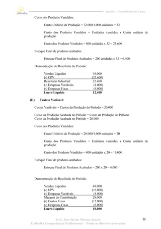 Apostila – Contabilidade de Custos

   Custo dos Produtos Vendidos:

          Custo Unitário de Produção = 32.000/1.000 unidades = 32

          Custo dos Produtos Vendidos = Unidades vendidas x Custo unitário de
          produção

          Custo dos Produtos Vendidos = 800 unidades x 32 = 25.600

   Estoque Final de produtos acabados:

          Estoque Final de Produtos Acabados = 200 unidades x 32 = 6.400

   Demonstração do Resultado do Período:

          Vendas Líquidas                    48.000
          (-) CPV                           (25.600)
          Resultado Industrial               22.400
          (-) Despesas Variáveis              (4.000)
          (-) Despesas Fixas                  (6.000)
          Lucro Líquido                      12.400

(II)   Custeio Variável:

   Custos Variáveis = Custos da Produção do Período = 20.000

   Custo da Produção Acabada no Período = Custo da Produção do Período
   Custo da Produção Acabada no Período = 20.000

   Custo dos Produtos Vendidos:

          Custo Unitário de Produção = 20.000/1.000 unidades = 20

          Custo dos Produtos Vendidos = Unidades vendidas x Custo unitário de
          produção

          Custo dos Produtos Vendidos = 800 unidades x 20 = 16.000

   Estoque Final de produtos acabados:

          Estoque Final de Produtos Acabados = 200 x 20 = 4.000


   Demonstração do Resultado do Período:

          Vendas Líquidas                    48.000
          (-) CPV                           (16.000)
          (-) Despesas Variáveis              (4.000)
          Margem de Contribuição             28.000
          (-) Custos Fixos                  (12.000)
          (-) Despesas Fixas                  (6.000)
          Lucro Líquido                      10.000


               Prof. José Jayme Moraes Junior                                          32
Cathedra Competências Profissionais – Todos os direitos reservados
 