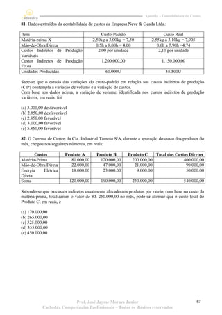 Apostila – Contabilidade de Custos

81. Dados extraídos da contabilidade de custos da Empresa Neve & Geada Ltda.:

Itens                                         Custo-Padrão                     Custo Real
Matéria-prima X                          2,50kg a 3,00kg = 7,50         2.55kg a 3,10kg = 7,905
Mão-de-Obra Direta                         0,5h a 8,00h = 4,00             0,6h a 7,90h =4,74
Custos Indiretos de Produção                2,00 por unidade                2,10 por unidade
Variáveis
Custos Indiretos de Produção                 1.200.000,00                     1.150.000,00
Fixos
Unidades Produzidas                            60.000U                          58.500U

Sabe-se que o estudo das variações do custo-padrão em relação aos custos indiretos de produção
(CIP) contempla a variação de volume e a variação de custos.
Com base nos dados acima, a variação de volume, identificada nos custos indiretos de produção
variáveis, em reais, foi

(a) 3.000,00 desfavorável
(b) 2.850,00 desfavorável
(c) 2.850,00 favorável
(d) 3.000,00 favorável
(e) 5.850,00 favorável

82. O Gerente de Custos da Cia. Industrial Tamoio S/A, durante a apuração do custo dos produtos do
mês, chegou aos seguintes números, em reais:

       Custos          Produto A           Produto B        Produto C    Total dos Custos Diretos
Matéria-Prima             80.000,00          120.000,00       200.000,00               400.000,00
Mão-de-Obra Direta        22.000,00           47.000,00        21.000,00                90.000,00
Energia     Elétrica      18.000,00           23.000,00         9.000,00                50.000,00
Direta
Soma                        120.000,00       190.000,00       230.000,00                   540.000,00

Sabendo-se que os custos indiretos usualmente alocado aos produtos por rateio, com base no custo da
matéria-prima, totalizaram o valor de R$ 250.000,00 no mês, pode-se afirmar que o custo total do
Produto C, em reais, é

(a) 170.000,00
(b) 265.000,00
(c) 325.000,00
(d) 355.000,00
(e) 450.000,00




                          Prof. José Jayme Moraes Junior                                           67
           Cathedra Competências Profissionais – Todos os direitos reservados
 