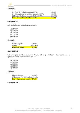 Apostila – Contabilidade de Custos

Resolução

         (=) Custo da Produção Acabada (CPA)                     432.000
         (+) Estoque inicial de produtos acabados (EIPA)           20.000
         (-) Estoque final de produtos acabados (EFPA)            (28.000)
         Custo dos Produtos Vendidos (CPV)                       424.000

GABARITO: A

6. O resultado bruto industrial corresponde a:

   (a)   310.000
   (b)   272.000
   (c)   290.000
   (d)   302.000
   (e)   424.000

Resolução

         Vendas Líquidas              726.000
         (-) CPV                     (424.000)
         Resultado Bruto              302.000

GABARITO: D

7. O lucro operacional líquido da companhia, supondo-se que não houve outras receitas e despesas
operacionais além das mencionadas, foi de:

   (a)   160.000
   (b)   182.000
   (c)   302.000
   (d)   312.000
   (e)   152.000

Resultado

         Resultado Bruto              302.000
         (-) Despesas Pós-Fabricação (150.000)
         Lucro Operacional Líquido 152.000

GABARITO: E




                            Prof. José Jayme Moraes Junior                                        78
             Cathedra Competências Profissionais – Todos os direitos reservados
 