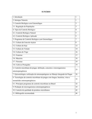 1
SUMÁRIO
1. Introdução 1
2. Inimigos Naturais 1
3. Controle Biológico com Entomófagos 3
3.1. Regulação de Populações 3
4. Tipos de Controle Biológico 4
4.1. Controle Biológico Natural 5
4.2. Controle Biológico Aplicado 5
5. Programas de Controle Biológico com Entomófagos 7
5.1. Cultura da Cana-de-Açúcar 8
5.2. Cultura da Soja 12
5.3. Cultura do Tomate 14
5.4. Cultura do Trigo 16
5.5. Fruteiras 17
5.6. Macieira 18
5.7. Florestas 19
5.8. Cultivos Protegidos 19
6. Controle microbiano de pragas: definição, conceitos e microrganismos
entomopatogênicos
23
7. Epizootiologia e utilização de entomopatógenos no Manejo Integrado de Pragas 26
8. Tecnologias de controle microbiano de pragas com fungos, bactérias, vírus e
nematóides entomopatogênicos
32
8.1. Principais programas de controle microbiano no Brasil 32
9. Produção de microrganismos entomopatogênicos 35
10. Controle de qualidade de produtos microbianos 42
11. Bibliografia recomendada 46
 