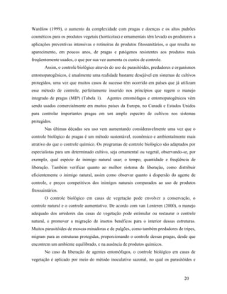 20
Wardlow (1999), o aumento da complexidade com pragas e doenças e os altos padrões
cosméticos para os produtos vegetais (hortícolas) e ornamentais têm levado os produtores a
aplicações preventivas intensivas e rotineiras de produtos fitossanitários, o que resulta no
aparecimento, em poucos anos, de pragas e patógenos resistentes aos produtos mais
freqüentemente usados, o que por sua vez aumenta os custos de controle.
Assim, o controle biológico através do uso de parasitóides, predadores e organismos
entomopatogênicos, é atualmente uma realidade bastante desejável em sistemas de cultivos
protegidos, uma vez que muitos casos de sucesso têm ocorrido em países que já utilizam
esse método de controle, perfeitamente inserido nos princípios que regem o manejo
integrado de pragas (MIP) (Tabela 1). Agentes entomófagos e entomopatogênicos vêm
sendo usados comercialmente em muitos países da Europa, no Canadá e Estados Unidos
para controlar importantes pragas em um amplo espectro de cultivos nos sistemas
protegidos.
Nas últimas décadas seu uso vem aumentando consideravelmente uma vez que o
controle biológico de pragas é um método sustentável, econômico e ambientalmente mais
atrativo do que o controle químico. Os programas de controle biológico são adaptados por
especialistas para um determinado cultivo, seja ornamental ou vegetal, observando-se, por
exemplo, qual espécie de inimigo natural usar; o tempo, quantidade e freqüência de
liberação. Também verificar quanto ao melhor sistema de liberação, como distribuir
eficientemente o inimigo natural, assim como observar quanto à dispersão do agente de
controle, e preços competitivos dos inimigos naturais comparados ao uso de produtos
fitossaintários.
O controle biológico em casas de vegetação pode envolver a conservação, o
controle natural e o controle aumentativo. De acordo com van Lenteren (2000), o manejo
adequado dos arredores das casas de vegetação pode estimular ou restaurar o controle
natural, e promover a migração de insetos benéficos para o interior dessas estruturas.
Muitos parasitóides de moscas minadoras e de pulgões, como também predadores de tripes,
migram para as estruturas protegidas, proporcionando o controle dessas pragas, desde que
encontrem um ambiente equilibrado, e na ausência de produtos químicos.
No caso da liberação de agentes entomófagos, o controle biológico em casas de
vegetação é aplicado por meio do método inoculativo sazonal, no qual os parasitóides e
 