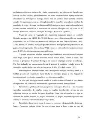 21
predadores exóticos ou nativos são criados massalmente e periodicamente liberados em
cultivos de curta duração, permitindo tanto um efeito imediato contra a praga como um
crescimento da população do inimigo natural para um controle tardio durante a mesma
estação. Em alguns casos, usa-se a liberação inundativa para obter uma redução imediata da
população da praga. Segundo van Lenteren (2000), estima-se que a área total mundial sob
formas sazonais inoculativas e inundativas de controle biológico seja de cerca de 32
milhões de hectares, incluindo condições de campo e de casas de vegetação.
Pragas em casas de vegetação são atualmente manejadas através do controle
biológico em cerca de 14.000 dos 30.0000 hectares sob cultivos protegidos no mundo,
comparados com os 200 hectares sob controle biológico nos anos 70 (van Lenteren, 1995).
Acima de 80% do controle biológico aplicado em casas de vegetação são para cultivos de
pepino, tomate e pimentão (Ravensberg, 1992), e todos os cultivos hortícolas juntos somam
cerca de 90% dos inimigos naturais comercializados.
O grande número de inimigos naturais hoje disponíveis, com várias espécies para
cada praga, como para a mosca minadora, mosca branca, tripes, afídeos e ácaros, tem
tornado os programas de controle biológico em casas de vegetação estáveis e confiáveis.
Um fator indicador do sucesso dessa forma de controle é a drástica redução no uso de
inseticidas: em hortícolas essa redução é da ordem de 80 a 95% (Bolckmans, 1999).
Várias empresas estão envolvidas com a produção de inimigos naturais (Tabela 2), e
também podem ser visualizados nesta tabela, as principais pragas e seus respectivos
inimigos naturais envolvidos com cultivos em sistemas protegidos.
Os principais inimigos naturais usados e vendidos comercialmente e que podem
estar presentes nos cultivos de ornamentais e vegetais em sistemas protegidos são:
1. Parasitóides: Aphidius colemani, Lysiphlebus testaceipes, Praon sp. – são pequenas
vespinhas, parasitóides de pulgões. Ataca os pulgões, introduzindo, através de seu
ovipositor, um ovo no interior do corpo do pulgão. Desse ovo sai uma larva, a qual se
alimenta dos tecidos internos do pulgão, matando-o. O pulgão parasitado apresenta um
aspecto de “mumia”, normalmente de coloração palha.
2. Parasitóides: Encarsia formosa, Eretmocerus eremicus - são parasitóides de mosca-
branca. Parasita os estágios ninfais da mosca-branca, onde a fêmea coloca um ovo. O
 