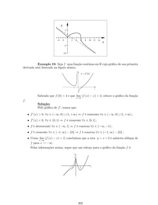 6. lim 
x!1 
3x + 2x2y + 2x3y2 
4  3xy  2y3x3 = 1 
1 
Solução: Pela propriedade (11), temos que: 
lim 
x!1 
3x + 2x2y + 2x3y2 
4  3xy  2y3x3 = lim 
x!1 
2x3y2 
2y3x3 = lim 
x!1 
y2 
y 
y . 
= 1 
7. lim 
x!a 
x4  a4 
x2  a2 = 0 
0 ; 
Solução: Fatorando o numerador, temos que: 
lim 
x!a 
x4  a4 
x2  a2 = lim 
x!a 
(x2  a2) (x2 + a2) 
x2  a2 = lim 
x!a 
(x2 + a2) = 2a2. 
8. lim 
a!0 
(x  a)n  xn 
a 
0 ; 
= 0 
Solução: Pela forma binomial, temos que: 
L = lim 
a!0 
(x  a)n  xn 
a 
= lim 
a!0 
xn  nxn1a + n(n1)xn2a2 
2! +    + (a)n  xn 
a 
) L = lim 
a!0 
 
nxn1 + n(n1)xn2a 
2! +    + (a)n1 
 
= nxn1. 
9. lim 
x!1 
p3x2+5 
6x8 = 11 
; 
Solução: Colocando x2 em evidência no numerador e x no denominador, temos 
que: 
lim 
x!1 
p3x2 + 5 
6x  8 
= lim 
x!1 
q 
x2 
 
3 + 5 
x2 
 
x 
 
6  8 
x 
 = lim 
x!1 
jxj 
q 
3 + 5 
x2 
x 
 
6  8 
x 
 
Analisando os limites no in…nito, temos que: 
L1 = lim 
x!+1 
p3x2 + 5 
6x  8 
= lim 
x!+1 
x 
q 
3 + 5 
x2 
x 
 
6  8 
x 
 = lim 
x!+1 
q 
3 + 5 
 
x2 6  8 
x 
 = 
p3 
6 
: 
L2 = lim 
x!1 
p3x2 + 5 
6x  8 
= lim 
x!1 
x 
q 
3 + 5 
x2 
x 
 
6  8 
x 
 = lim 
x!+1 
q 
3 + 5 
 
x2 
x 
 
6  8 
x 
 =  
p3 
6 
: 
10. lim 
x!1 
px2 + 8x + 3  px2 + 4x + 3 
 
= 11; 
Solução: Multiplicando e dividindo pelo conjugado do númerador, temos que: 
L = lim 
x!1 
px2 + 8x + 3  px2 + 4x + 3 
 
= 
) L = lim 
x!1 
hpx2 + 8x + 3  px2 + 4x + 3 
 px2+8x+3+px2+4x+3 px2+8x+3+px2+4x+3 
i 
) L = lim 
x!1 
4x 
px2 
q 
1+ 8 
x+ 3 
x2 + 
q 
1+ 4 
x+ 3 
x2 
 = lim 
x!1 
4x 
jxj 
q 
1+ 8 
x+ 3 
x2 + 
q 
1+ 4 
x+ 3 
x2 
 
64 
 
