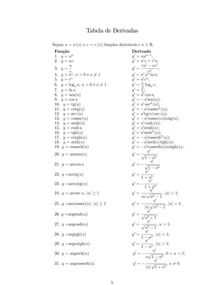 Tabela de Derivadas 
Sejam u = u (x) e v = v (x) funções deriváveis e n 2 R. 
Função Derivada 
1. y = un y0 = nun1; 
2. y = uv y0 = u0v + v0u; 
3. y = 
u 
v 
y0 = 
vu0  uv0 
v2 ; 
4. y = au, a  0 e a6= 1 y0 = u0:au ln a; 
5. y = eu y0 = u0eu; 
6. y = loga u, a  0 e a6= 1 y0 = u0 
loga e; 
u 7. y = ln u y0 = u0 
u ; 
8. y = sen(u) y0 = u0 cos u; 
9. y = cos u y0 = u0sen(u); 
10. y = tg(u) y0 = u0 sec2 (u); 
11. y = cotg(u) y0 = u0cossec2 (u); 
12. y = sec (u) y0 = u0tg(u) sec (u); 
13. y = cossec(u) y0 = u0cossec(u)cotg(u); 
14. y = senh(u) y0 = u0 cosh (u); 
15. y = cosh u y0 = u0senh(u); 
16. y = tgh(u) y0 = u0sech2 (u); 
17. y = cotgh(u) y0 = u0cossech2 (u); 
18. y = sech(u) y0 = u0sech(u)tgh(u); 
19. y = cossech(u) y0 = u0cossech(u)cotgh(u) ; 
20. y = arcsen(u) y0 = 
u0 
p1  u2 
; 
21. y = arccos u y0 =  
u0 
p1  u2 
22. y =arctg(u) y0 = 
u0 
1 + u2 ; 
23. y =arccotg(u) y0 =  
u0 
1 + u2 ; 
24. y = arcsec u, juj  1 y0 = 
u0 
jujpu2  1 
, juj  1; 
25. y =arccossec(u), juj  1 y0 =  
u0 
jujpu2  1 
, juj  1; 
26: y =argsenh(u) y0 = 
u0 
pu2 + 1 
; 
27. y =argcosh(u) y0 = 
u0 
pu2  1 
, u  1; 
28. y =argtgh(u) y0 = 
u0 
1  u2 , juj  1; 
29. y =argcotgh(u) y0 = 
u0 
1  u2 , juj  1; 
30. y = argsech(u) y0 =  
u0 
up1  u2 
, 0  u  1; 
31. y = argcossech(u) y0 =  
u0 
jujp1 + u2 
, u6= 0: 
5 
 