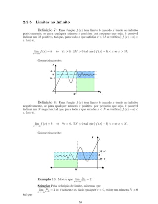 Observe que: 
Domínio de f: Df = A; 
Contradomínio de f: B; 
Imgem de f : Imf = f2;3; 5; 7g : 
(b) Diagrama Cartesiano: As retas x e y são perpendiculares; x é chamado 
eixo das abscissas e y o eixo das ordenadas. 
8 
6 
4 
2 
­3 
­2 
­1 
1 2 3 
x 
y 
3. Forma Analítica: A função é escrita, segundo uma lei, denotada por y = f (x). 
Exemplos: 
(a) f (x) = x2; 
Domínio: Df = R; 
Imagem: Im f = [0;+1). 
t24 ; 
(b) g (t) = t 
Domínio: Dg = ft 2 R : t6= 2g ) Dg = R  f2; 2g; 
Imagem: Im g = R. 
(c) h (x) = px2  1 
Domínio: Dh = fx 2 R : x2  1  0g ) Dh = fx 2 R : x  1 ou x  1g 
) Dh = (1;1] [ [1;+1); 
Imagem: Im h = [0;+1). 
Na forma analítica, a segunda variável, x, a qual se pode atribuir valores 
arbitrários dentro dos limites impostos pela natureza do problema, é dita variável in- 
dependente ou argumento da função, e a primeira variável y cujo valor é determinado 
quando se dá valores à variável independente é dita variável dependente ou simplesmente 
função. 
Observação:Uma maneira rápida de saber se a curva C dada representa ou 
não uma função é através do teste da reta vertical. Sabemos que, se f é uma função, 
um ponto de seu domínio pode ter somente uma imagem. Assim, C só representa o 
grá…co de uma função quando qualquer reta vertical corta a curva C no máximo em um 
ponto. Na …gura abaixo, C1 respresenta o grá…co de uma função, enquanto a curva C2 
não representa. 
20 
 
