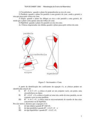 TEIA DO SABER 2006 − Metodologias de Ensino da Matemática
7
1) Circunferência : quando o plano for perpendicular ao eixo do cone;
2) Parábola: quando o plano for paralelo a uma geratriz do cone, sendo a geratriz a
reta que passa pelo vértice do cone;
3) Elipse: quando o plano for obliquo ao eixo e não paralelo a uma geratriz, de
modo que o plano corta apenas uma das folhas do cone;
4) Hipérbole: quando o plano for paralelo ao eixo do cone;
As Cônicas degeneradas são obtidas quando o plano passa pelo vértice do cone.
Figura 2 - Secionando o Cone.
A partir da identificação dos coeficientes da equação (1), as cônicas podem ser
identificadas através de:
I) B2
- 4 A C < 0 - a cônica só pode ser um conjunto vazio, um ponto, uma
circunferência ou elipse;
II) B2
- 4 A C = 0, a cônica só pode ser uma reta, união de retas paralela, ou um
conjunto vazio ou uma parábola;
III) B2
- 4 A C > 0 , a cônica trata-se necessariamente de reunião de dua retas
concorrentes ou de hipérbole.
Por este motivo, dizemos que a equação (1) é:
I) do tipo elíptico quando B2
-4AC<0,
II) do tipo parabólico quando B2
- 4 A C = 0 e
III) do tipo hiperbólico quando B2
- 4 A C > 0.
 