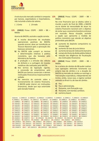 www.acasadoconcurseiro.com.br146
A estrutura do mercado cambial é composta
por bancos, exportadores e importadores,
não incluindo a bolsa de valores.
( ) Certo		 ( ) Errado
129.	 (35012) Prova: CESPE - 2009 – BB –
Médio
Acerca do BACEN, assinale a opção correta.
a)	 A receita decorrente de resultados
operacionais positivos do BACEN,
quando ocorrer, deve ser transferida ao
Tesouro Nacional após a aprovação dos
balanços semestrais.
b)	 Ao BACEN cabe cumprir as normas
e determinações relativas à política
monetária, que são baixadas pelo
Ministério da Fazenda.
c)	 A produção e a emissão das cédulas
de dinheiro e a cunhagem de moedas
metálicas são realizadas pelo BACEN.
d)	 Nos termos da legislação vigente,
a concessão de empréstimos pelo
BACEN aos bancos comerciais e demais
instituições financeiras é expressamente
vedada.
e)	 No exercício do controle sobre o
funcionamento do sistema financeiro,
o BACEN pode intervir em instituições
financeiras, desde que seja autorizado
pelo Senado Federal.
129.	 (35013) Prova: CESPE - 2009 – BB –
Médio
Na crise financeira que se abateu sobre o
mundo a partir do final de 2008, o BACEN
viu-se diante da necessidade de atuar no
sistema financeiro nacional com o objetivo
de evitar que a economia brasileira entrasse
em recessão. Nessa situação, assinale
a opção que apresenta a medida de
política monetária que atende ao objetivo
pretendido pelo BACEN.
a)	 aumento do depósito compulsório ou
encaixe legal
b)	 aumento da taxa de juros básica
c)	 aumento da taxa de redesconto bancário
d)	 compra de títulos da dívida pública federal
e)	 redução das diligências de fiscalização
das instituições financeiras
130.	 (35014) Prova: CESPE - 2009 – BB –
Médio
Se a carteira de câmbio do BB puder realizar
suas operações definindo livremente sua
própria taxa de câmbio e se a atuação do
BACEN no mercado de câmbio se restringir a
intervenções esporádicas, independentes de
limites, então, nesse caso, o regime cambial
adotado no Brasil é o de taxa de câmbio
a)	 fixa.
b)	 fixa e administrada.
c)	 flutuante, com flutuação suja.
d)	 flutuante, com bandas cambiais.
e)	 currency board.
Gabarito: 1. (34851) E 2. (34852) E 3. (34856) E 4. (34859) C 5. (34860) C 6. (34861) C 7. (34862) E 8. (34863) E
9. (34864) C 10. (34865) C 11. (34871) E 12. (34873) C 13. (34880) E 14. (34881) E 15. (34883) C 16. (34885) C 
17. (34886) E 18. (34887) C 19. (34888) E 20. (34891) C 21. (34896) C 22. (34900) E 23. (34902) E 24. (34904) C
25. (34910) C 26. (34911) C 27. (34912) E 28. (34913) E 29. (34914) C 30. (34915) C 31. (34916) E 32. (34917) E
33. (34918) C 34. (34920) C 35. (34921) E 36. (34922) E 37. (34923) E 38. (34924) E 39. (34925) C 40. (34926) C
41. (34927) C 42. (34928) E 43. (34933) C 44. (34947) E 45. (34948) C 46. (34949) C 47. (34950) C 48. (34951) C
49. (34952) E 50. (34953) C 51. (34954) E 52. (34956) C 53. (34957) E 54. (34958) C 55. (34959) E 56. (34960) E
57. (34961) C 58. (34962) E 59. (34964) E 60. (34965) C 61. (34966) C 62. (34967) E 63. (34968) C 64. (34969) E
65. (34970) C 66. (34971) C 67. (34972) E 68. (34973) C 69. (34974) E 70. (34975) C 71. (34976) E 72. (34977) C
73. (34978) C 74. (34985) E 75. (34986) C 76. (34987) E 77. (34988) C 78. (34989) E 79. (34990) C 80. (34991) C
81. (34992) C 82. (34993) C 83. (34997) C 84. (35000) E 85. (35001) C 86. (35002) C 87. (35003) E 88. (35004) E
89. (35005) C 90. (35007) C 91. C 92. (35018) E 93. (35019) E 94. (35020) E 95. (35021) B 96. (35033) C 
97. (35036) C 98. (35037) C 99. (35040) E 100. (35041) C 101. (35042) C 102. (35044) E 103. (35045) C 
104. (35046) E 105. (35047) C 106. (35066) E 107. (35067) C 108. (35068) E 109. (35069) C 110. (35070) E
111. (35071) C 112. (35072) E 113. (35073) E 114. (35074) E 115. (35075) C 116. (35076) C 117. (35077) E 
118. (35078) C 119. (35079) E 120. (35080) C 121. (35081) C 122. (35082) E 123. (35083) E 124. (35086) E 
125. (35087) E 126. E 127. (35012) A 128. (35013) D 129. (35014) C
 