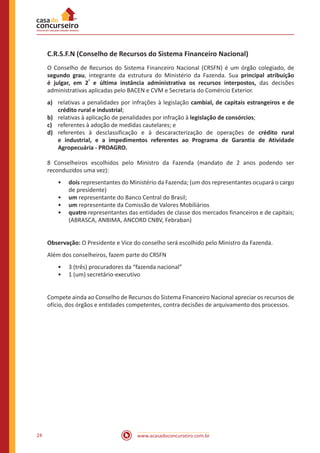 www.acasadoconcurseiro.com.br24
C.R.S.F.N (Conselho de Recursos do Sistema Financeiro Nacional)
O Conselho de Recursos do Sistema Financeiro Nacional (CRSFN) é um órgão colegiado, de
segundo grau, integrante da estrutura do Ministério da Fazenda. Sua principal atribuição
é julgar, em 2
ª
e última instância administrativa os recursos interpostos, das decisões
administrativas aplicadas pelo BACEN e CVM e Secretaria do Comércio Exterior.
a)	 relativas a penalidades por infrações à legislação cambial, de capitais estrangeiros e de
crédito rural e industrial;
b)	 relativas à aplicação de penalidades por infração à legislação de consórcios;
c)	 referentes à adoção de medidas cautelares; e
d)	 referentes à desclassificação e à descaracterização de operações de crédito rural
e industrial, e a impedimentos referentes ao Programa de Garantia de Atividade
Agropecuária - PROAGRO.
8 Conselheiros escolhidos pelo Ministro da Fazenda (mandato de 2 anos podendo ser
reconduzidos uma vez):
•• dois representantes do Ministério da Fazenda; (um dos representantes ocupará o cargo
de presidente)
•• um representante do Banco Central do Brasil;
•• um representante da Comissão de Valores Mobiliários
•• quatro representantes das entidades de classe dos mercados financeiros e de capitais;
(ABRASCA, ANBIMA, ANCORD CNBV, Febraban)
Observação: O Presidente e Vice do conselho será escolhido pelo Ministro da Fazenda.
Além dos conselheiros, fazem parte do CRSFN
•• 3 (três) procuradores da “fazenda nacional”
•• 1 (um) secretário-executivo
Compete ainda ao Conselho de Recursos do Sistema Financeiro Nacional apreciar os recursos de
ofício, dos órgãos e entidades competentes, contra decisões de arquivamento dos processos.
 