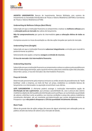 www.acasadoconcurseiro.com.br94
AGENTES UNDERWRITER: Bancos de Investimento, Bancos Múltiplos com carteira de
Investimento ou Sociedade Distribuidora de Títulos e Valores Mobiliários (SDTVM) e Corretoras
de Títulos e Valores Mobiliários (CTVM)
Underwriting de Melhores Esforços (Best Efforts)
Subscrição em que a instituição financeira se compromete a realizar os melhores esforços para
a colocação junto ao mercado das sobras do lançamento.
Não há comprometimento por parte do intermediário para a colocação efetiva de todas as
ações.
A empresa assume os riscos da aceitação ou não das ações lançadas por parte do mercado.
Underwriting Firme (Straight)
Subscrição em que a instituição financeira subscreve integralmente a emissão para revendê-la
posteriormente ao público.
Selecionando esta opção a empresa assegura a entrada de recursos.
O risco de mercado é do intermediário financeiro.
Underwriting Stand-by
Subscriçãoemqueainstituiçãofinanceirasecomprometeacolocarassobrasjuntoaopúblicoem
determinadoespaçodetempo,apósoqualelamesmosubscreveototaldasaçõesnãocolocadas.
Decorrido o prazo, o risco de mercado é do intermediário financeiro.
Preço de Emissão
Determinado previamente pela empresa emissora ou então através do procedimento de “book
building”, onde a empresa, ao invés de fixar um preço, estabelece as condições básicas de
lançamento e os interessados na aquisição encaminham suas ofertas.
LOTE SUPLEMENTAR: O ofertante poderá outorgar à instituição intermediária opção de
distribuição de lote suplementar, que preveja a possibilidade de, caso a procura dos valores
mobiliáriosobjetodeofertapúblicadedistribuiçãoassimjustifique,seraumentadaaquantidade
de valores a distribuir junto ao público, nas mesmas condições e preço dos valores mobiliários
inicialmente ofertados, até um montante pré-determinado que conste obrigatoriamente do
Prospecto e que não poderá ultrapassar a 15% da quantidade inicialmente ofertada.
Block Trade
Oferta de grande lote de ações antigas (de posse de algum acionista) com colocação junto ao
público através das bolsas de valores e/ou mercado de balcão.
 