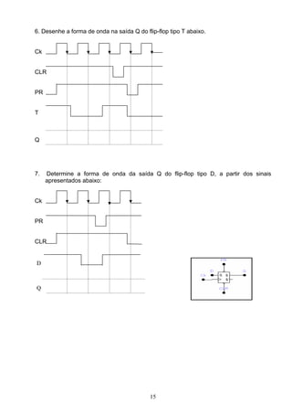 6. Desenhe a forma de onda na saída Q do flip-flop tipo T abaixo.


Ck


CLR


PR


T



Q




7.   Determine a forma de onda da saída Q do flip-flop tipo D, a partir dos sinais
     apresentados abaixo:


Ck


PR


CLR


D



Q




                                           15
 