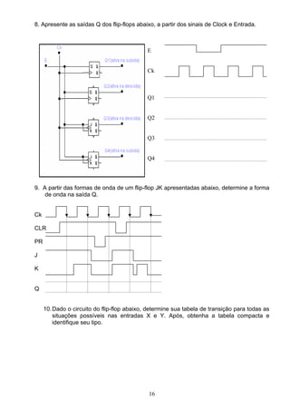 8. Apresente as saídas Q dos flip-flops abaixo, a partir dos sinais de Clock e Entrada.



                                             E


                                             Ck



                                             Q1


                                             Q2


                                             Q3


                                             Q4




9. A partir das formas de onda de um flip-flop JK apresentadas abaixo, determine a forma
    de onda na saída Q.


Ck

CLR

PR

J

K


Q


     10. Dado o circuito do flip-flop abaixo, determine sua tabela de transição para todas as
         situações possíveis nas entradas X e Y. Após, obtenha a tabela compacta e
         identifique seu tipo.




                                              16
 