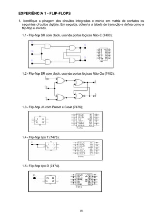 EXPERIÊNCIA 1 - FLIP-FLOPS
1. Identifique a pinagem dos circuitos integrados e monte em matriz de contatos os
   seguintes circuitos digitais. Em seguida, obtenha a tabela de transição e defina como o
   flip-flop é ativado.

  1.1 - Flip-flop SR com clock, usando portas lógicas Não-E (7400);




  1.2 - Flip-flop SR com clock, usando portas lógicas Não-Ou (7402);
                    S
                                                      Q

                    Ck


                                                      Q
                    R



  1.3 - Flip-flop JK com Preset e Clear (7476);




  1.4 - Flip-flop tipo T (7476);




  1.5 - Flip-flop tipo D (7474).




                                            18
 