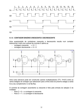 1     2    3     4    5    6    7    8    9    10    11   12   13   14   15    16

Ck


Q0


Q1


Q2


Q3


5.1.5 - CONTADOR BINÁRIO CRESCENTE E DECRESCENTE

Uma superposição de contadores crescente e decrescente resulta num contador
bidirecional, onde uma variável de controle X define se:
    - contagem crescente ⇒ X = 1
    - contagem decrescente ⇒ X = 0




Uma outra estrutura pode ser construída usando multiplexadores (TTL 74157) entre os
vários estágios do contador que selecionam para a linha clock do próximo estágio a saída
Q ou seu complemento Q do flip-flop.

O controle da contagem ascendente ou descente é feito pela entrada de seleção C do
multiplex:
   - Para C = 0 ⇒ a contagem é crescente
   - Para C = 1 ⇒ a contagem é decrescente




                                          32
 