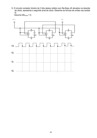 9. O circuito contador binário de 3 bits abaixo obtido com flip-flops JK ativados na descida
    do clock, apresenta o seguinte sinal de clock. Desenhe as formas de ondas nas saídas
    Q.
   Assuma Q0inicial = 0.

 Vcc                                                      Ck




                        S                    S                      S
                   J        Q           J         Q            J        Q
                   CP       _           CP        _            CP       _
                   K        Q           K         Q            K        Q
                        R                    R                      R




Ck


Q0



Q1



Q2




                                                 43
 