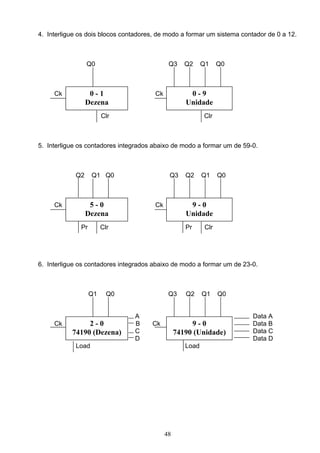 4. Interligue os dois blocos contadores, de modo a formar um sistema contador de 0 a 12.



                 Q0                          Q3     Q2     Q1     Q0



     Ck           0-1                  Ck            0-9
                 Dezena                             Unidade
                        Clr                                Clr



5. Interligue os contadores integrados abaixo de modo a formar um de 59-0.



            Q2     Q1 Q0                     Q3     Q2     Q1     Q0



     Ck           5-0                  Ck            9-0
                 Dezena                             Unidade
              Pr        Clr                         Pr      Clr




6. Interligue os contadores integrados abaixo de modo a formar um de 23-0.



                   Q1     Q0                 Q3     Q2     Q1     Q0


                                 A                                       Data A
     Ck         2-0              B    Ck              9-0                Data B
           74190 (Dezena)        C               74190 (Unidade)         Data C
                                 D                                       Data D
            Load                                    Load




                                            48
 
