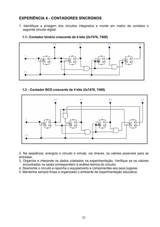 EXPERIÊNCIA 4 - CONTADORES SÍNCRONOS

1. Identifique a pinagem dos circuitos integrados e monte em matriz de contatos o
   seguinte circuito digital:

  1.1 - Contador binário crescente de 4 bits (2x7476, 7408)




  1.2 - Contador BCD crescente de 4 bits (2x7476, 7408)




2. Na seqüência, energize o circuito e simule, via chaves, os valores possíveis para as
entradas;
3. Organize e interprete os dados coletados na experimentação. Verifique se os valores
   encontrados na saída correspondem à análise teórica do circuito;
4. Desmonte o circuito e reponha o equipamento e componentes aos seus lugares;
5. Mantenha sempre limpo e organizado o ambiente de experimentação educativa.




                                          52
 