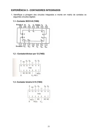 EXPERIÊNCIA 5 - CONTADORES INTEGRADOS
1. Identifique a pinagem dos circuitos integrados e monte em matriz de contatos os
   seguintes circuitos digitais:

  1.1 - Contador BCD 0-9 (7490)




  1.2 - Contador/divisor por 12 (7492)




  1.3 - Contador binário 0-15 (7493)




                                         53
 