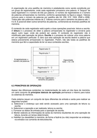 A organização de uma pastilha de memória é estabelecida como sendo constituída por
um grupo de registradores, onde cada registrador armazena uma palavra. A "largura" de
cada registrador é o número de bits por palavra. O número de registradores é o número
de palavras armazenadas na memória, conforme apresentado na figura a seguir. Valores
comuns para o número de palavras por pastilha são 64, 256, 512, 1024, 2048 e 4096.
Todos eles são potências inteiras de 2. Valores comuns para o tamanho da palavra são 1,
4 e 8. É possível obter outros tamanhos de palavras, combinando-se diversas pastilhas de
memória.

O conteúdo de cada registrador está sujeito a duas operações possíveis: leitura e escrita.
A leitura é o processo de obter a palavra armazenada no registrador e enviá-la para
algum outro lugar, onde ela poderá ser usada. O conteúdo do registrador não é
modificado pela operação de leitura. Escrita é o processo de colocar uma nova palavra
em um registrador particular. É claro que esta operação de escrita destrói a palavra que
estava previamente armazenada no registrador. Porém, não são todas as pastilhas de
memória que têm a capacidade de ter os seus conteúdos escritos.




6.3 PRINCÍPIOS DE OPERAÇÃO

Apesar das diferenças existentes na implementação de cada um dos tipos de memória,
um certo conjunto de princípios básicos de operação permanece o mesmo para todos
os sistemas de memória.

Cada sistema requer um conjunto de tipos diferentes de entrada e saída para realizar as
seguintes funções:
a. Selecionar o endereço que está sendo acessado para uma operação de leitura ou
    escrita;
b. Selecionar a operação a ser realizada, leitura ou escrita;
c. Fornecer os dados de entrada para a operação de escrita;
d. Manter estáveis as informações de saída da memória resultantes de uma operação de
    leitura, durante um tempo determinado;
e. Habilitar (ou desabilitar) a memória, de forma a fazê-la (ou não) responder ao endereço
    na entrada e ao comando de leitura/escrita.




                                           56
 