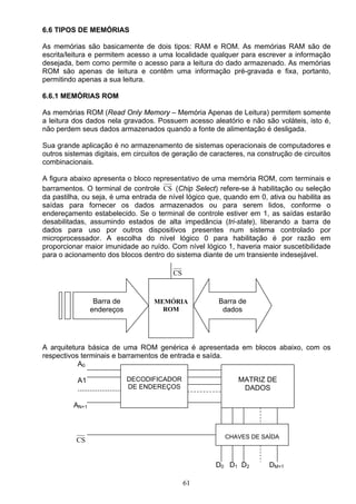 6.6 TIPOS DE MEMÓRIAS

As memórias são basicamente de dois tipos: RAM e ROM. As memórias RAM são de
escrita/leitura e permitem acesso a uma localidade qualquer para escrever a informação
desejada, bem como permite o acesso para a leitura do dado armazenado. As memórias
ROM são apenas de leitura e contêm uma informação pré-gravada e fixa, portanto,
permitindo apenas a sua leitura.

6.6.1 MEMÓRIAS ROM

As memórias ROM (Read Only Memory – Memória Apenas de Leitura) permitem somente
a leitura dos dados nela gravados. Possuem acesso aleatório e não são voláteis, isto é,
não perdem seus dados armazenados quando a fonte de alimentação é desligada.

Sua grande aplicação é no armazenamento de sistemas operacionais de computadores e
outros sistemas digitais, em circuitos de geração de caracteres, na construção de circuitos
combinacionais.

A figura abaixo apresenta o bloco representativo de uma memória ROM, com terminais e
barramentos. O terminal de controle CS (Chip Select) refere-se à habilitação ou seleção
da pastilha, ou seja, é uma entrada de nível lógico que, quando em 0, ativa ou habilita as
saídas para fornecer os dados armazenados ou para serem lidos, conforme o
endereçamento estabelecido. Se o terminal de controle estiver em 1, as saídas estarão
desabilitadas, assumindo estados de alta impedância (tri-state), liberando a barra de
dados para uso por outros dispositivos presentes num sistema controlado por
microprocessador. A escolha do nível lógico 0 para habilitação é por razão em
proporcionar maior imunidade ao ruído. Com nível lógico 1, haveria maior suscetibilidade
para o acionamento dos blocos dentro do sistema diante de um transiente indesejável.

                                            CS


                 Barra de            MEMÓRIA           Barra de
                endereços              ROM              dados




A arquitetura básica de uma ROM genérica é apresentada em blocos abaixo, com os
respectivos terminais e barramentos de entrada e saída.
           A0

           A1                     DECODIFICADOR              MATRIZ DE
           ...................... DE ENDEREÇOS                DADOS

         AN+1



                                                         CHAVES DE SAÍDA
          CS


                                                       D0 D1 D2        DM+1

                                                  61
 