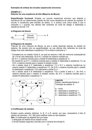 Exemplos de síntese de circuitos seqüenciais síncronos

EXEMPLO 1
Detector de uma seqüência de bits (Máquina de Moore)

Especificação funcional: Projetar um circuito seqüencial síncrono que detecte         a
ocorrência de um determinado padrão de bits numa seqüência de valores de entrada.     O
circuito é constituído pela entrada de dados, X, e produz uma única saída Z que       é
colocada a 1 quando nas últimas três vertentes do sinal de relógio é detectada        a
seqüência de bits 110.

a) Diagrama de blocos

      X           Circuito                Z
Clk               Síncrono


b) Diagrama de estados
Trata-se de uma máquina de Moore, já que a saída depende apenas do estado do
sistema. De acordo com as especificações, se nas últimas três vertentes do sinal de
relógio tiver sido detectada a seqüência 110 a saída é colocada a 1.

- Considera-se um estado inicial A, ao qual se associa o fato de nenhuma subseqüência
  de 110 ter sido detectada. Se X=0, o estado do sistema mantém-se.
- Se X=1, o sistema transita para o estado B (detectada a seqüência 1).
- Do estado B, se X=1, o sistema transita para o estado C (detectada a seqüência 11), se
  X=0, o sistema transita para o estado A (estado inicial).
- Se o estado atual é C (detectada a seqüência 11) e X=1 o sistema mantém-se no
  mesmo estado C (detectada a seqüência 11). Se X=0, o sistema transita para o estado
  D (detectada a seqüência 110) colocando a saída Z a 1.
- Se o estado atual é D (detectada a seqüência 110) a saída Z está a 1. Se X=0, o
  sistema transita para o estado A (estado inicial). Se X=1, o sistema transita para o
  estado B (detectada a seqüência 1).

                                                    Legenda
                                                    Estado: Identificador/Saída Z
                                                    Transição de estado: X

                                                    A – início
                                                    B – detectada a seqüência 1
                                                    C – detectada a seqüência 11
                                                    D – detectada a seqüência 110




c) Codificação de estados

Existem quatro estados distintos, A, B, C e D, sendo, por isso, necessários 2 bits (2
células de memória – Q1, Q0) para codificar cada um dos estados.
Obs: A codificação de estados tem por base:
- a atribuição do estado 00 ao estado inicial;
- o bit Q0 (estado seguinte) coincide com a variável de entrada X.
                                          87
 