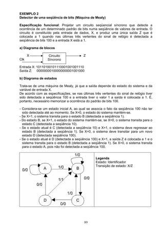 EXEMPLO 2
Detector de uma seqüência de bits (Máquina de Mealy)

Especificação funcional: Projetar um circuito seqüencial síncrono que detecte         a
ocorrência de um determinado padrão de bits numa seqüência de valores de entrada.     O
circuito é constituído pela entrada de dados, X, e produz uma única saída Z que       é
colocada a 1 quando nas últimas três vertentes do sinal de relógio é detectada        a
seqüência de bits 100 e a entrada X está a 1.

a) Diagrama de blocos

      X           Circuito                Z
Clk               Síncrono

Entrada X: 10110100101110001001001110
Saída Z: 00000000100000000001001000

b) Diagrama de estados

Trata-se de uma máquina de Mealy, já que a saída depende do estado do sistema e da
variável de entrada X.
De acordo com as especificações, se nas últimas três vertentes do sinal de relógio tiver
sido detectada a seqüência 100 e a entrada tiver o valor 1 a saída é colocada a 1. É,
portanto, necessário memorizar a ocorrência do padrão de bits 100.

- Considera-se um estado inicial A, ao qual se associa o fato da seqüência 100 não ter
  sido detectada até ao momento. Se X=0, o estado do sistema mantém-se.
- Se X=1, o sistema transita para o estado B (detectada a seqüência 1).
- Do estado B, se X=1, o estado do sistema mantém-se, se X=0, o sistema transita para o
  estado C (detectada a seqüência 10).
- Se o estado atual é C (detectada a seqüência 10) e X=1, o sistema deve regressar ao
  estado B (detectada a seqüência 1). Se X=0, o sistema deve transitar para um novo
  estado D (detectada seqüência 100).
- Se o estado atual é D (detectada a seqüência 100) e X=1, a saída Z é colocada a 1 e o
  sistema transita para o estado B (detectada a seqüência 1). Se X=0, o sistema transita
  para o estado A, pois não foi detectada a seqüência 100.


                                                  Legenda
                                                  Estado: Identificador
                                                  Transição de estado: X/Z




                                          89
 