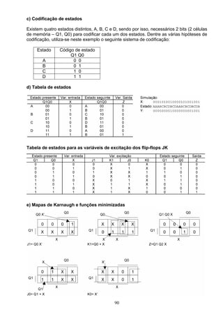 c) Codificação de estados

Existem quatro estados distintos, A, B, C e D, sendo por isso, necessários 2 bits (2 células
de memória – Q1, Q0) para codificar cada um dos estados. Dentre as várias hipóteses de
codificação, utiliza-se neste exemplo o seguinte sistema de codificação:

     Estado     Código de estado
                     Q1 Q0
        A             0 0
        B             0 1
        C             1 0
        D             1 1

d) Tabela de estados




Tabela de estados para as variáveis de excitação dos flip-flops JK




e) Mapas de Karnaugh e funções minimizadas




                                            90
 