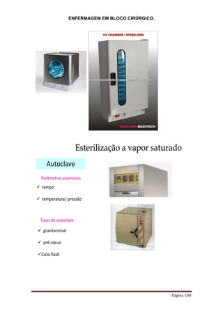 ENFERMAGEM EM BLOCO CIRÚRGICO.
Página 100
Esterilização a vapor saturado
Autoclave
 tempo
 temperatura/ pressão
Parâmetros essenciais
Tipos de autoclave
 gravitacional
 pré-vácuo
Ciclo flash
 