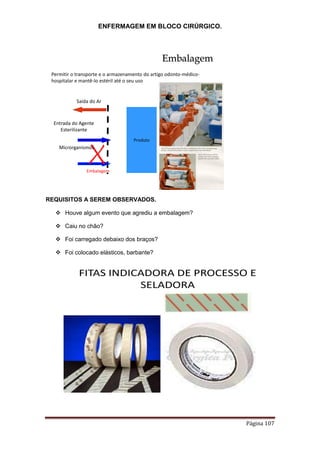 ENFERMAGEM EM BLOCO CIRÚRGICO.
Página 107
Permitir o transporte e o armazenamento do artigo odonto-médico-
hospitalar e mantê-lo estéril até o seu uso
Produto
Saída do Ar
Entrada do Agente
Esterilizante
Embalagem
Embalagem
Microrganismos
REQUISITOS A SEREM OBSERVADOS.
 Houve algum evento que agrediu a embalagem?
 Caiu no chão?
 Foi carregado debaixo dos braços?
 Foi colocado elásticos, barbante?
FITAS INDICADORA DE PROCESSO E
SELADORA
 