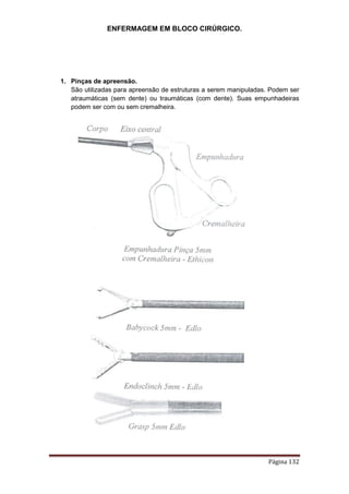 ENFERMAGEM EM BLOCO CIRÚRGICO.
Página 132
1. Pinças de apreensão.
São utilizadas para apreensão de estruturas a serem manipuladas. Podem ser
atraumáticas (sem dente) ou traumáticas (com dente). Suas empunhadeiras
podem ser com ou sem cremalheira.
 