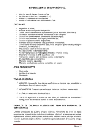 ENFERMAGEM EM BLOCO CIRÚRGICO.
Página 19
• Atender as solicitações dos cirurgiões;
• Auxiliar no curativo e no transporte (s.n.);
• Conferir compressas e instrumentais;
• Retirar o instrumental e encaminhá-lo ao CME.
CIRCULANTE
• Higienizar as mãos;
• Equipar a SO com aparelhos especiais;
• Testar o funcionamento dos equipamentos (focos, aspirador, bisturi etc.);
• Abastecer a SO com materiais necessários ao ato cirúrgico;
• Auxiliar nos procedimentos preliminares do ato cirúrgico;
• Auxiliar instrumentador e cirurgião paramentar-se;
• Auxiliar no posicionamento do paciente;
• Fornecer a equipe materiais e equipamentos necessários;
• Acondicionar material anatômico das peças cirúrgicas para estudo patológico
em formol, identificando-o;
• Providenciar ordem e limpeza da sala;
• Não se ausentar no transoperatório;
• Conferir compressas e medicações utilizadas, evitando perda;
• Preencher impresso da SAE e gasto de sala;
• Transferir o paciente para a maca e auxiliar no transporte;
• Desligar todos os equipamentos;
• Manter o paciente aquecido;
• Manter o prontuário do paciente completo e em ordem.
APOIO ADMINISTRATIVO
• Controlista;
• Auxiliar de anestesia;
• Secretária.
TEMPOS CIRÚRGICOS
 DIÉRESE: Separação dos planos anatômicos ou tecidos para possibilitar a
abordagem de um órgão ou região.
 HEMOSTASIA: Processo que se impede, detém ou previne o sangramento.
 EXÉRESE: Realização do ato cirúrgico.
 SÍNTESE: Aproximar as bordas de uma ferida, na finalidade de estabelecer a
contiguidade dos tecidos e facilitar as fases da cicatrização.
EXEMPLOS DE CIRURGIAS CLASSIFICADAS PELO SEU POTENCIAL DE
CONTAMINAÇÃO
Limpas: artroplastia do quadril; cirurgia cardíaca; herniorrafia de todos os tipos;
neurocirurgia; procedimentos cirúrgicos ortopédicos (eletivos); anastomose portacava,
espleno-renal e outras; mastoplastia; mastectomia parcial e radical; cirurgia de ovário;
enxertos cutâneos; esplenectomia; vagotomia superseletiva (sem drenagem); cirurgia
vascular.
 
