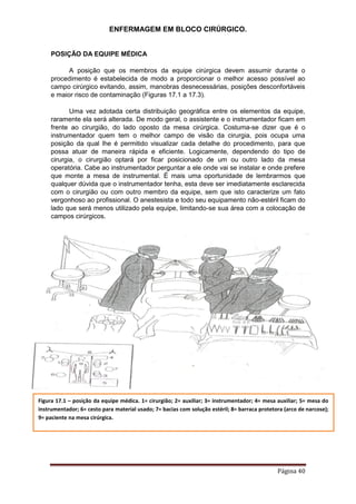 ENFERMAGEM EM BLOCO CIRÚRGICO.
Página 40
POSIÇÃO DA EQUIPE MÉDICA
A posição que os membros da equipe cirúrgica devem assumir durante o
procedimento é estabelecida de modo a proporcionar o melhor acesso possível ao
campo cirúrgico evitando, assim, manobras desnecessárias, posições desconfortáveis
e maior risco de contaminação (Figuras 17.1 a 17.3).
Uma vez adotada certa distribuição geográfica entre os elementos da equipe,
raramente ela será alterada. De modo geral, o assistente e o instrumentador ficam em
frente ao cirurgião, do lado oposto da mesa cirúrgica. Costuma-se dizer que é o
instrumentador quem tem o melhor campo de visão da cirurgia, pois ocupa uma
posição da qual lhe é permitido visualizar cada detalhe do procedimento, para que
possa atuar de maneira rápida e eficiente. Logicamente, dependendo do tipo de
cirurgia, o cirurgião optará por ficar posicionado de um ou outro lado da mesa
operatória. Cabe ao instrumentador perguntar a ele onde vai se instalar e onde prefere
que monte a mesa de instrumental. É mais uma oportunidade de lembrarmos que
qualquer dúvida que o instrumentador tenha, esta deve ser imediatamente esclarecida
com o cirurgião ou com outro membro da equipe, sem que isto caracterize um fato
vergonhoso ao profissional. O anestesista e todo seu equipamento não-estéril ficam do
lado que será menos utilizado pela equipe, limitando-se sua área com a colocação de
campos cirúrgicos.
Figura 17.1 – posição da equipe médica. 1= cirurgião; 2= auxiliar; 3= instrumentador; 4= mesa auxiliar; 5= mesa do
instrumentador; 6= cesto para material usado; 7= bacias com solução estéril; 8= barraca protetora (arco de narcose);
9= paciente na mesa cirúrgica.
 