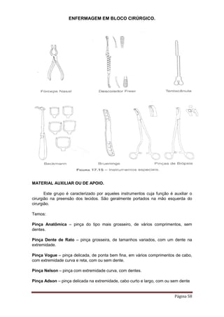 ENFERMAGEM EM BLOCO CIRÚRGICO.
Página 58
MATERIAL AUXILIAR OU DE APOIO.
Este grupo é caracterizado por aqueles instrumentos cuja função é auxiliar o
cirurgião na preensão dos tecidos. São geralmente portados na mão esquerda do
cirurgião.
Temos:
Pinça Anatômica – pinça do tipo mais grosseiro, de vários comprimentos, sem
dentes.
Pinça Dente de Rato – pinça grosseira, de tamanhos variados, com um dente na
extremidade.
Pinça Vogue – pinça delicada, de ponta bem fina, em vários comprimentos de cabo,
com extremidade curva e reta, com ou sem dente.
Pinça Nelson – pinça com extremidade curva, com dentes.
Pinça Adson – pinça delicada na extremidade, cabo curto e largo, com ou sem dente
 