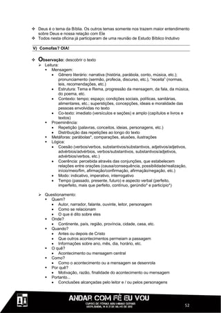  Deus é o tema da Bíblia. Os outros temas somente nos trazem maior entendimento
  sobre Deus e nossa relação com Ele
 Todos nesta oficina já participaram de uma reunião de Estudo Bíblico Indutivo

V) Comofas? OIA!

   Observação: descobrir o texto
     Leitura:
       Mensagem:
           Gênero literário: narrativa (história, parábola, conto, música, etc.);
              pronunciamento (sermão, profecia, discurso, etc.), “receita” (normas,
              leis, recomendações, etc.)
           Estrutura: Tema e Rema, progressão da mensagem, da fala, da música,
              do poema, etc.
           Contexto: tempo; espaço; condições sociais, políticas, sanitárias,
              alimentares, etc.; superstições, concepções, ideais e moralidade das
              pessoas envolvidas no texto
           Co-texto: imediato (versículos e seções) e amplo (capítulos e livros e
              textos)
       Proeminência:
           Repetição (palavras, conceitos, ideias, personagens, etc.)
           Distribuição das repetições ao longo do texto
       Metáforas: parábolas*, comparações, alusões, ilustrações
       Lógica:
           Coesão (verbos/verbos, substantivos/substantivos, adjetivos/adjetivos,
              advérbios/advérbios, verbos/substantivos, substantivos/adjetivos,
              advérbios/verbos, etc.)
           Coerência: percebida através das conjunções, que estabelecem
              relações entre orações (causa/consequência, possibilidade/realização,
              início/meio/fim, afirmação/confirmação, afirmação/negação, etc.)
           Modo: indicativo, imperativo, interrogativo
           Tempo (passado, presente, futuro) e aspecto verbal (perfeito,
              imperfeito, mais que perfeito, contínuo, gerúndio* e particípio*)

     Questionamento:
       Quem?
          Autor, narrador, falante, ouvinte, leitor, personagem
          Como se relacionam
          O que é dito sobre eles
       Onde?
          Continente, país, região, província, cidade, casa, etc.
       Quando?
          Antes ou depois de Cristo
          Que outros acontecimentos permeiam a passagem
          Informações sobre ano, mês, dia, horário, etc.
       O quê?
          Acontecimento ou mensagem central
       Como?
          Como o acontecimento ou a mensagem se desenrola
       Por quê?
          Motivação, razão, finalidade do acontecimento ou mensagem
       Portanto...
          Conclusões alcançadas pelo leitor e / ou pelos personagens




                                                                                52
 