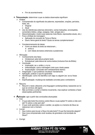    Fim do acontecimento

   Interpretação: determinar o que os dados observados significam
     Análise
       Compreensão do significado de palavras, expressões, orações, períodos,
         texto, etc.
          Original
          Atual
       Uso de referências externas (dicionário, outras traduções, enciclopédia,
         comentário bíblico, artigo, exegese, líder, amigos etc.)
       Descomplicação o texto (usar palavras mais fáceis, expressões atuais, etc.)
       Foco e ênfase da mensagem
          Aplicação do conceito de Tema e Rema
          Qual o tema geral do texto? Quais os temas complementares?

          Correlacionamento de ideias:
            Como as ideias do texto se relacionam...
               entre si
               com ideias de textos anteriores e posteriores

     Afirmação
       Conhecimento dos fatos
           Intratextual: pela leitura próprio texto
           Extratextual: pela leitura de outros textos (inclusive fora da Bíblia)
       Conclusão
           Implicação: se x, então y; x+y=a
           Interpretação: qual a mensagem creio que o texto passa
           Especulação: conclusão sem embasamento teórico
       Imaginação: o que podemos visualizar mentalmente
       Aplicação: praticar o que foi aprendido
       Identificação: como me identifico com algo ou alguém (ex: se eu fosse
          ele...)
       Espiritualização: mudança da realidade concreta para o simbolismo

     Resumo
       Resumir o texto utilizando uma linguagem contemporânea, baseando-se no
         que se concluiu até agora
       Não se limitar a contar a história novamente, mas explicar contextos e fazer
         observações pertinentes

   Aplicação: agir a partir das conclusões alcançadas
     Crer
       O que este texto lhe ensinou sobre Deus e suas ações? E sobre a vida com
         ele? E sobre a vida sem ele?
       O que você aprendeu sobre o caráter, as ações e a maneira de Deus se
         relacionar com o homem.
     Louvar
       Que motivo para louvar a Deus há este texto? O que lhe transmite alegria?
       Que nova compreensão você recebeu da grandeza e da bondade de
         Deus?

     Corrigir



                                                                               1111153
 