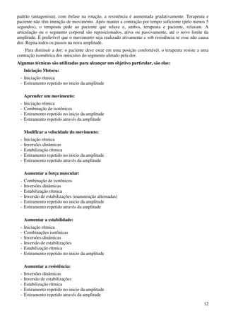 12
padrão (antagonista), com ênfase na rotação, a resistência é aumentada gradativamente. Terapeuta e
paciente não têm intenção de movimento. Após manter a contração por tempo suficiente (pelo menos 5
segundos), o terapeuta pede ao paciente que relaxe e, ambos, terapeuta e paciente, relaxam. A
articulação ou o segmento corporal são reposicionados, ativa ou passivamente, até o novo limite da
amplitude. É preferível que o movimento seja realizado ativamente e sob resistência se esse não causa
dor. Repita todos os passos na nova amplitude.
Para diminuir a dor: o paciente deve estar em uma posição confortável, o terapeuta resiste a uma
contração isométrica dos músculos do segmento afetado pela dor.
Algumas técnicas são utilizadas para alcançar um objetivo particular, são elas:
Iniciação Motora:
- Iniciação rítmica
- Estiramento repetido no inicio da amplitude
Aprender um movimento:
- Iniciação rítmica
- Combinação de isotônicos
- Estiramento repetido no inicio da amplitude
- Estiramento repetido através da amplitude
Modificar a velocidade do movimento:
- Iniciação rítmica
- Inversões dinâmicas
- Estabilização rítmica
- Estiramento repetido no inicio da amplitude
- Estiramento repetido através da amplitude
Aumentar a força muscular:
- Combinação de isotônicos
- Inversões dinâmicas
- Estabilização rítmica
- Inversão de estabilizações (manutenção alternadas)
- Estiramento repetido no inicio da amplitude
- Estiramento repetido através da amplitude
Aumentar a estabilidade:
- Iniciação rítmica
- Combinações isotônicas
- Inversões dinâmicas
- Inversão de estabilizações
- Estabilização rítmica
- Estiramento repetido no inicio da amplitude
Aumentar a resistência:
- Inversões dinâmicas
- Inversão de estabilizações
- Estabilização rítmica
- Estiramento repetido no inicio da amplitude
- Estiramento repetido através da amplitude
 