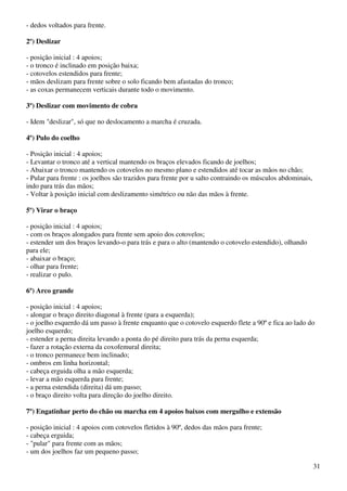31
- dedos voltados para frente.
2º) Deslizar
- posição inicial : 4 apoios;
- o tronco é inclinado em posição baixa;
- cotovelos estendidos para frente;
- mãos deslizam para frente sobre o solo ficando bem afastadas do tronco;
- as coxas permanecem verticais durante todo o movimento.
3º) Deslizar com movimento de cobra
- Idem "deslizar", só que no deslocamento a marcha é cruzada.
4º) Pulo do coelho
- Posição inicial : 4 apoios;
- Levantar o tronco até a vertical mantendo os braços elevados ficando de joelhos;
- Abaixar o tronco mantendo os cotovelos no mesmo plano e estendidos até tocar as mãos no chão;
- Pular para frente : os joelhos são trazidos para frente por u salto contraindo os músculos abdominais,
indo para trás das mãos;
- Voltar à posição inicial com deslizamento simétrico ou não das mãos à frente.
5º) Virar o braço
- posição inicial : 4 apoios;
- com os braços alongados para frente sem apoio dos cotovelos;
- estender um dos braços levando-o para trás e para o alto (mantendo o cotovelo estendido), olhando
para ele;
- abaixar o braço;
- olhar para frente;
- realizar o pulo.
6º) Arco grande
- posição inicial : 4 apoios;
- alongar o braço direito diagonal à frente (para a esquerda);
- o joelho esquerdo dá um passo à frente enquanto que o cotovelo esquerdo flete a 90º e fica ao lado do
joelho esquerdo;
- estender a perna direita levando a ponta do pé direito para trás da perna esquerda;
- fazer a rotação externa da coxofemural direita;
- o tronco permanece bem inclinado;
- ombros em linha horizontal;
- cabeça erguida olha a mão esquerda;
- levar a mão esquerda para frente;
- a perna estendida (direita) dá um passo;
- o braço direito volta para direção do joelho direito.
7º) Engatinhar perto do chão ou marcha em 4 apoios baixos com mergulho e extensão
- posição inicial : 4 apoios com cotovelos fletidos à 90º, dedos das mãos para frente;
- cabeça erguida;
- "pular" para frente com as mãos;
- um dos joelhos faz um pequeno passo;
 