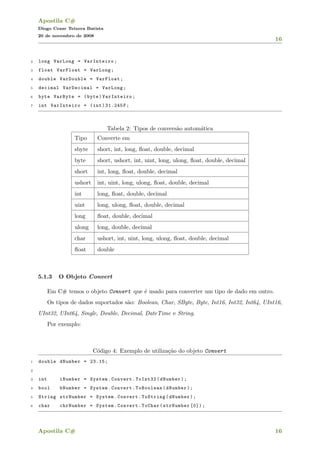 Apostila C#
Diogo Cezar Teixera Batista
20 de novembro de 2008
16
2 long VarLong = VarInteiro;
3 float VarFloat = VarLong;
4 double VarDouble = VarFloat;
5 decimal VarDecimal = VarLong;
6 byte VarByte = (byte)VarInteiro;
7 int VarInteiro = (int)31.245F;
Tabela 2: Tipos de convers˜ao autom´atica
Tipo Converte em
sbyte short, int, long, ﬂoat, double, decimal
byte short, ushort, int, uint, long, ulong, ﬂoat, double, decimal
short int, long, ﬂoat, double, decimal
ushort int, uint, long, ulong, ﬂoat, double, decimal
int long, ﬂoat, double, decimal
uint long, ulong, ﬂoat, double, decimal
long ﬂoat, double, decimal
ulong long, double, decimal
char ushort, int, uint, long, ulong, ﬂoat, double, decimal
ﬂoat double
5.1.3 O Objeto Convert
Em C# temos o objeto Convert que ´e usado para converter um tipo de dado em outro.
Os tipos de dados suportados s˜ao: Boolean, Char, SByte, Byte, Int16, Int32, Int64, UInt16,
UInt32, UInt64, Single, Double, Decimal, DateTime e String.
Por exemplo:
C´odigo 4: Exemplo de utiliza¸c˜ao do objeto Convert
1 double dNumber = 23.15;
2
3 int iNumber = System.Convert.ToInt32(dNumber);
4 bool bNumber = System.Convert.ToBoolean(dNumber);
5 String strNumber = System.Convert.ToString(dNumber);
6 char chrNumber = System.Convert.ToChar(strNumber [0]);
Apostila C# 16
 