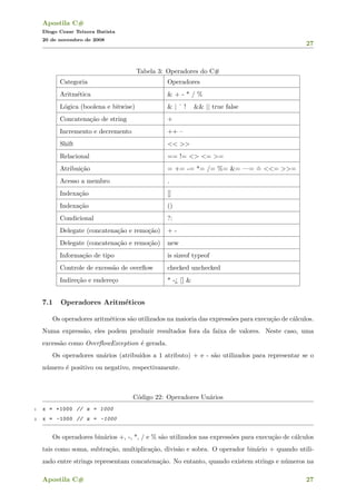 Apostila C#
Diogo Cezar Teixera Batista
20 de novembro de 2008
27
Tabela 3: Operadores do C#
Categoria Operadores
Aritm´etica & + - * / %
L´ogica (boolena e bitwise) & | ˆ ! && || true false
Concatena¸c˜ao de string +
Incremento e decremento ++ –
Shift << >>
Relacional == != <> <= >=
Atribui¸c˜ao = += -= *= /= %= &= —= ˆ= <<= >>=
Acesso a membro .
Indexa¸c˜ao []
Indexa¸c˜ao ()
Condicional ?:
Delegate (concatena¸c˜ao e remo¸c˜ao) + -
Delegate (concatena¸c˜ao e remo¸c˜ao) new
Informa¸c˜ao de tipo is sizeof typeof
Controle de excess˜ao de overﬂow checked unchecked
Indire¸c˜ao e endere¸co * -¿ [] &
7.1 Operadores Aritm´eticos
Os operadores aritm´eticos s˜ao utilizados na maioria das express˜oes para execu¸c˜ao de c´alculos.
Numa express˜ao, eles podem produzir resultados fora da faixa de valores. Neste caso, uma
excess˜ao como OverﬂowException ´e gerada.
Os operadores un´arios (atribu´ıdos a 1 atributo) + e - s˜ao utilizados para representar se o
n´umero ´e positivo ou negativo, respectivamente.
C´odigo 22: Operadores Un´arios
1 x = +1000 // x = 1000
2 x = -1000 // x = -1000
Os operadores bin´arios +, -, *, / e % s˜ao utilizados nas express˜oes para execu¸c˜ao de c´alculos
tais como soma, subtra¸c˜ao, multiplica¸c˜ao, divis˜ao e sobra. O operador bin´ario + quando utili-
zado entre strings representam concatena¸c˜ao. No entanto, quando existem strings e n´umeros na
Apostila C# 27
 