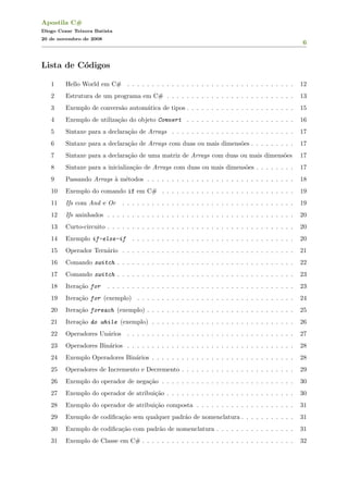 Apostila C#
Diogo Cezar Teixera Batista
20 de novembro de 2008
6
Lista de C´odigos
1 Hello World em C# . . . . . . . . . . . . . . . . . . . . . . . . . . . . . . . . . . 12
2 Estrutura de um programa em C# . . . . . . . . . . . . . . . . . . . . . . . . . . 13
3 Exemplo de convers˜ao autom´atica de tipos . . . . . . . . . . . . . . . . . . . . . . 15
4 Exemplo de utiliza¸c˜ao do objeto Convert . . . . . . . . . . . . . . . . . . . . . . 16
5 Sintaxe para a declara¸c˜ao de Arrays . . . . . . . . . . . . . . . . . . . . . . . . . 17
6 Sintaxe para a declara¸c˜ao de Arrays com duas ou mais dimens˜oes . . . . . . . . . 17
7 Sintaxe para a declara¸c˜ao de uma matriz de Arrays com duas ou mais dimens˜oes 17
8 Sintaxe para a inicializa¸c˜ao de Arrays com duas ou mais dimens˜oes . . . . . . . . 17
9 Passando Arrays `a m´etodos . . . . . . . . . . . . . . . . . . . . . . . . . . . . . . 18
10 Exemplo do comando if em C# . . . . . . . . . . . . . . . . . . . . . . . . . . . 19
11 Ifs com And e Or . . . . . . . . . . . . . . . . . . . . . . . . . . . . . . . . . . . 19
12 Ifs aninhados . . . . . . . . . . . . . . . . . . . . . . . . . . . . . . . . . . . . . . 20
13 Curto-circuito . . . . . . . . . . . . . . . . . . . . . . . . . . . . . . . . . . . . . . 20
14 Exemplo if-else-if . . . . . . . . . . . . . . . . . . . . . . . . . . . . . . . . . 20
15 Operador Tern´ario . . . . . . . . . . . . . . . . . . . . . . . . . . . . . . . . . . . 21
16 Comando switch . . . . . . . . . . . . . . . . . . . . . . . . . . . . . . . . . . . . 22
17 Comando switch . . . . . . . . . . . . . . . . . . . . . . . . . . . . . . . . . . . . 23
18 Itera¸c˜ao for . . . . . . . . . . . . . . . . . . . . . . . . . . . . . . . . . . . . . . 23
19 Itera¸c˜ao for (exemplo) . . . . . . . . . . . . . . . . . . . . . . . . . . . . . . . . 24
20 Itera¸c˜ao foreach (exemplo) . . . . . . . . . . . . . . . . . . . . . . . . . . . . . . 25
21 Itera¸c˜ao do while (exemplo) . . . . . . . . . . . . . . . . . . . . . . . . . . . . . 26
22 Operadores Un´arios . . . . . . . . . . . . . . . . . . . . . . . . . . . . . . . . . . 27
23 Operadores Bin´arios . . . . . . . . . . . . . . . . . . . . . . . . . . . . . . . . . . 28
24 Exemplo Operadores Bin´arios . . . . . . . . . . . . . . . . . . . . . . . . . . . . . 28
25 Operadores de Incremento e Decremento . . . . . . . . . . . . . . . . . . . . . . . 29
26 Exemplo do operador de nega¸c˜ao . . . . . . . . . . . . . . . . . . . . . . . . . . . 30
27 Exemplo do operador de atribui¸c˜ao . . . . . . . . . . . . . . . . . . . . . . . . . . 30
28 Exemplo do operador de atribui¸c˜ao composta . . . . . . . . . . . . . . . . . . . . 31
29 Exemplo de codiﬁca¸c˜ao sem qualquer padr˜ao de nomenclatura . . . . . . . . . . . 31
30 Exemplo de codiﬁca¸c˜ao com padr˜ao de nomenclatura . . . . . . . . . . . . . . . . 31
31 Exemplo de Classe em C# . . . . . . . . . . . . . . . . . . . . . . . . . . . . . . . 32
 