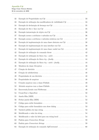 Apostila C#
Diogo Cezar Teixera Batista
20 de novembro de 2008
7
32 Exemplo de Propriedades em C# . . . . . . . . . . . . . . . . . . . . . . . . . . . 33
33 Exemplo de utiliza¸c˜ao dos modiﬁcadores de visibilidade C# . . . . . . . . . . . . 34
34 Exemplo de declara¸c˜ao de heran¸ca em C# . . . . . . . . . . . . . . . . . . . . . . 35
35 Exemplo de this e base em C# . . . . . . . . . . . . . . . . . . . . . . . . . . . . 35
36 Exemplo instancia¸c˜ao de objeto em C# . . . . . . . . . . . . . . . . . . . . . . . 36
37 Exemplo acesso a atributos e m´etodos em C# . . . . . . . . . . . . . . . . . . . . 36
38 Exemplo acesso a atributos e m´etodos est´aticos em C# . . . . . . . . . . . . . . 37
39 Exemplo de implementa¸c˜ao de uma classe abstrata em C# . . . . . . . . . . . . 38
40 Exemplo de implementa¸c˜ao de uma interface em C# . . . . . . . . . . . . . . . . 38
41 Exemplo de implementa¸c˜ao de uma classe sealed em C# . . . . . . . . . . . . . . 40
42 Exemplo de utiliza¸c˜ao do comando throw . . . . . . . . . . . . . . . . . . . . . . 42
43 Exemplo de utiliza¸c˜ao do bloco try - catch . . . . . . . . . . . . . . . . . . . . . . 43
44 Exemplo de utiliza¸c˜ao do bloco try - ﬁnally . . . . . . . . . . . . . . . . . . . . . 44
45 Exemplo de utiliza¸c˜ao do bloco try - catch - ﬁnally . . . . . . . . . . . . . . . . . 44
46 Membros da classe Exception . . . . . . . . . . . . . . . . . . . . . . . . . . . . . 46
47 Cria¸c˜ao de diret´orio . . . . . . . . . . . . . . . . . . . . . . . . . . . . . . . . . . 47
48 Cria¸c˜ao de subdiret´orios . . . . . . . . . . . . . . . . . . . . . . . . . . . . . . . . 48
49 Propriedades de um diret´orio . . . . . . . . . . . . . . . . . . . . . . . . . . . . . 48
50 Propriedades de arquivos . . . . . . . . . . . . . . . . . . . . . . . . . . . . . . . 48
51 Criando arquivos com a classe FileInfo . . . . . . . . . . . . . . . . . . . . . . . . 49
52 Abrindo arquivos com a classe FileInfo . . . . . . . . . . . . . . . . . . . . . . . . 49
53 Escrevendo/Lendo com FileStream . . . . . . . . . . . . . . . . . . . . . . . . . . 49
54 CreateText e OpenText . . . . . . . . . . . . . . . . . . . . . . . . . . . . . . . . 50
55 Janela ﬁlha (MDI) . . . . . . . . . . . . . . . . . . . . . . . . . . . . . . . . . . . 51
56 Fechar janela ﬁlha (MDI) . . . . . . . . . . . . . . . . . . . . . . . . . . . . . . . 52
57 C´odigo para exibir formul´ario . . . . . . . . . . . . . . . . . . . . . . . . . . . . . 53
58 C´odigo para exibir formul´ario com show dialog . . . . . . . . . . . . . . . . . . . 53
59 Vari´avel p´ublica do tipo string . . . . . . . . . . . . . . . . . . . . . . . . . . . . 53
60 Modiﬁcando o valor da string . . . . . . . . . . . . . . . . . . . . . . . . . . . . . 54
61 Modiﬁcando o valor da label para um string local . . . . . . . . . . . . . . . . . . 54
62 Padr˜ao para Connection Strings . . . . . . . . . . . . . . . . . . . . . . . . . . . 59
63 Padr˜ao para Connection Strings . . . . . . . . . . . . . . . . . . . . . . . . . . . 59
64 Exemplo de utiliza¸c˜ao do comando SqlCommand . . . . . . . . . . . . . . . . . . 60
 