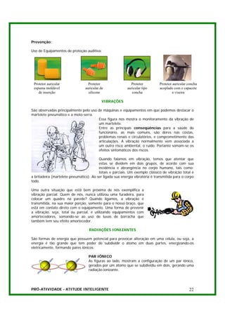 Prevenção:

Uso de Equipamentos de proteção auditiva:




 Protetor auricular                Protetor                  Protetor          Protetor auricular concha
 espuma moldável                 auricular de              auricular tipo      acoplado com o capacete
    de inserção                    silicone                   concha                    e viseira

                                            VIBRAÇÕES

São observadas principalmente pelo uso de máquinas e equipamentos em que podemos destacar o
martelete pneumático e a moto-serra.
                                       Essa figura nos mostra o monitoramento da vibração de
                                       um martelete.
                                       Entre as principais conseqüências para a saúde do
                                       funcionário, as mais comuns, são dores nas costas,
                                       problemas renais e circulatórios, e comprometimento das
                                       articulações. A vibração normalmente vem associada a
                                       um outro risco ambiental, o ruído. Portanto somam-se os
                                       efeitos sintomáticos dos riscos.

                                         Quando falamos em vibração, temos que atentar que
                                         estas se dividem em dois grupos, de acordo com sua
                                         incidência e abrangência no corpo humano, tais como:
                                         totais e parciais. Um exemplo clássico de vibração total é
a britadeira (martelete pneumático). Ao ser ligada sua energia vibratória é transmitida para o corpo
todo.

Uma outra situação que está bem próxima de nós exemplifica a
vibração parcial. Quem de nós, nunca utilizou uma furadeira, para
colocar um quadro na parede? Quando ligamos, a vibração é
transmitida, na sua maior porção, somente para o nosso braço, que
está em contato direto com o equipamento. Uma forma de prevenir
a vibração, seja, total ou parcial, é utilizando equipamentos com
amortecedores, somando-se ao uso de luvas de borracha que
também tem seu efeito amortecedor.

                                   RADIAÇÕES IONIZANTES

São formas de energia que possuem potencial para provocar alteração em uma célula, ou seja, a
energia é tão grande que tem poder de subdividir o átomo em duas partes, energizando-os
eletricamente, formando pares iônicos.

                                   PAR IÔNICO
                                   As figuras ao lado, mostram a configuração de um par iônico,
                                   gerados por um átomo que se subdividiu em dois, gerando uma
                                   radiação ionizante.




PRÓ-ATIVIDADE - ATITUDE INTELIGENTE                                                               22
 
