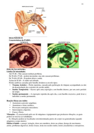 11
DIAGNÓSTICO
Características da PAIRO.
NORMAL DANIFICADA
POLUIÇÃO SONORA
Limites de intensidade:
Até 55 db – Não causam nenhum problema.
De 56 db à 75 db – podem incomodar, mas não causam problemas.
De 76 db à 85 db – Já podem afetar a saúde.
Acima de 85 db – A saúde será afetada.
Perdas auditivas causadas pelo barulho dividem-se em três tipos:
• Trauma Acústico – Perda repentina, causada pela perfuração do tímpano acompanhada ou não
da desarticulação dos ossículos do ouvido médio.
• Surdez Temporária – Ocorre após uma exposição a um barulho intenso, por um curto período
de tempo.
• Surdez permanente – A exposição repetida dia após dia, a um barulho excessivo, pode levar o
indivíduo a surdez permanente.
Reações físicas aos ruídos
• Aumentam a pressão sangüínea;
• Aumentam o ritmo cardíaco;
• Provocam contrações musculares;
• Interrompem a digestão;
• Causa o Stress
Vibrações – É caracterizado pelo uso de máquinas e equipamento que produzem vibrações, as quais
podem ser nocivas ao trabalhador.
As vibrações podem ser localizadas (em determinadas partes do corpo) ou generalizadas (quando
atingirem o corpo inteiro).
Efeitos à Saúde – cansaço, irritação, dores nos membros, dores na coluna, doença do movimento,
artrite, problemas digestivos, lesões ósseas, lesão nos tecidos moles, lesões circulatórias e osteoporose.
 