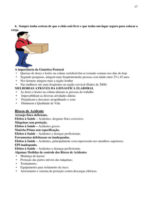 17
6. Sempre tenha certeza de que o chão está livre e que tenha um lugar seguro para colocar a
carga
A importância da Ginástica Postural
• Queixas de dores e lesões na coluna vertebral têm se tornado comuns nos dias de hoje
• Segundo pesquisas, atingem mais freqüentemente pessoas com idade entre 25 e 45 anos
• Nos homens atingem mais a região lombar
• Nas mulheres são mais freqüentes na região cervical (Dados de 2000)
MELHORIAS ATRÁVES DA GISNASTICA ELABORAL
• As dores e lesões na coluna afastam as pessoas do trabalho
• Impossibilitam as diversas atividades diárias
• Prejudicam o descanso atrapalhando o sono
• Diminuem a Qualidade de Vida
Riscos de Acidente
Arranjo físico deficiente.
Efeitos à Saúde – Acidentes, desgaste físico excessivo.
Máquinas sem proteção.
Efeitos à Saúde – Acidentes graves.
Matéria-Prima sem especificação.
Efeitos à Saúde – Acidentes e doenças profissionais.
Ferramentas defeituosas ou inadequadas.
Efeitos à Saúde – Acidentes, principalmente com repercussão nos membros superiores.
EPI inadequado.
Efeitos à Saúde – Acidentes e doenças profissionais.
Algumas Medidas de controle dos Riscos de Acidentes
• Mudança de layout;
• Proteção das partes móveis das máquinas;
• Treinamento;
• Equipamento para isolamento de risco;
• Aterramento e sistema de proteção contra descargas elétricas.
 
